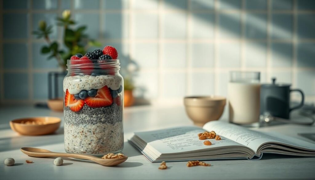 A step-by-step guide to making overnight oats, captured in a cozy, minimal kitchen setting. In the foreground, a glass jar filled with layers of rolled oats, chia seeds, and fresh berries. Placed beside it, a wooden spoon and a small bowl of crunchy toppings like toasted nuts and granola. In the middle ground, an open recipe book with handwritten notes, alongside a simple ceramic bowl and a glass of warm milk. The background features a light blue tiled backsplash, with a few potted plants adding a touch of greenery. Soft, natural lighting illuminates the scene, creating a calming, inviting atmosphere.