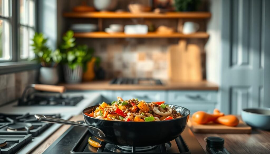 A step-by-step guide to preparing a delectable stir-fry in a cozy, minimal kitchen environment with wooden textures and light blue accents. Sizzling vegetables and aromatic seasonings fill the frame, captured from an overhead angle with natural lighting and a shallow depth of field, inviting the viewer to imagine the delicious flavors. The scene exudes a sense of warmth and simplicity, encouraging the reader to explore the endless variations of this wholesome, nourishing lunch meal prep.