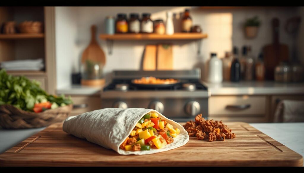 A step-by-step process of burrito preparation unfolds within a cozy, minimalist kitchen. In the foreground, a flour tortilla rests on a wooden cutting board, ready to be filled with a medley of ingredients. Beside it, diced vegetables, scrambled eggs, and crumbled chorizo await their turn. The middle ground features a sizzling skillet on the stovetop, where the filling components meld together under warm, natural lighting. In the background, open shelves display an array of spices and condiments, hinting at the flavorful layers to come. The atmosphere is one of simplicity and efficiency, capturing the essence of a step-by-step guide to crafting the perfect make-ahead breakfast burrito.
