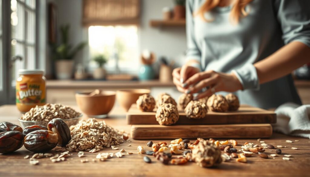 A step-by-step process of creating nutritious energy bites in a cozy, minimal kitchen setting. In the foreground, various ingredients are neatly arranged - organic dates, rolled oats, nut butter, and a scattering of chopped nuts and seeds. The middle ground features a wooden board where the bites are being handcrafted, the maker's hands visible kneading and shaping the mixture. Soft, natural lighting from a large window casts a warm glow, highlighting the textures of the raw ingredients and the subtle blue accents of the kitchen decor. The background is blurred, keeping the focus on the creation of these wholesome, on-the-go snacks.