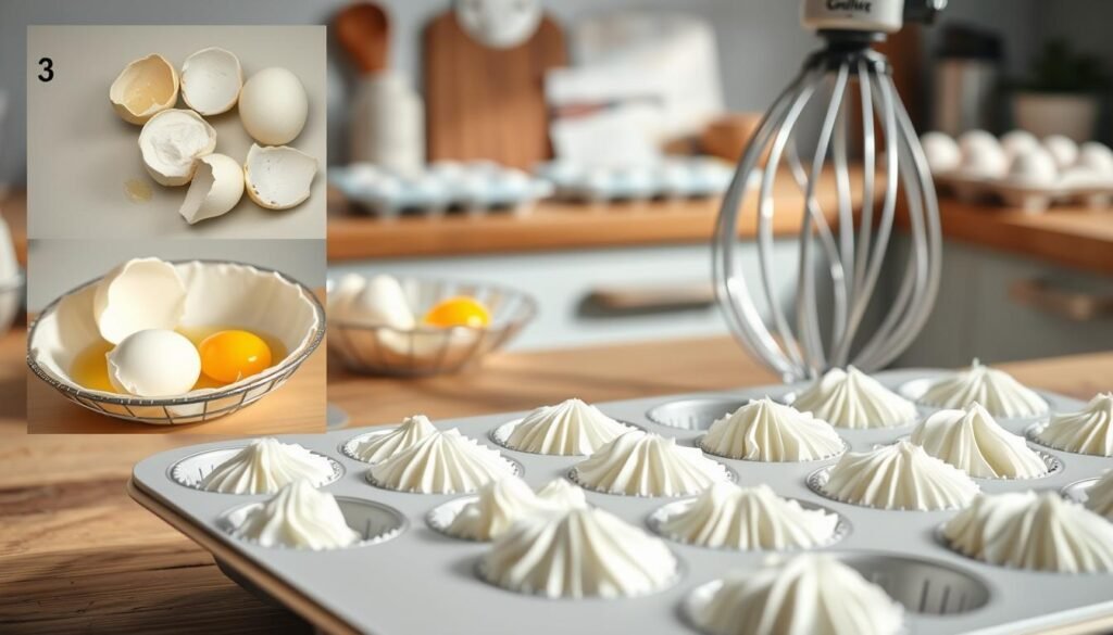 A step-by-step process unfolding in a cozy, minimal kitchen setting. In the foreground, a large white muffin tin filled with perfectly whipped egg whites, ready to be baked into fluffy protein-rich muffins. Midground shows cracked eggs being carefully separated, the yolks discarded, the whites whipped to stiff peaks with a hand mixer. In the background, a wooden countertop with light blue accents, a carton of eggs, and other baking essentials. Soft natural lighting illuminates the scene, highlighting the texture of the ingredients and the clean, inviting atmosphere.