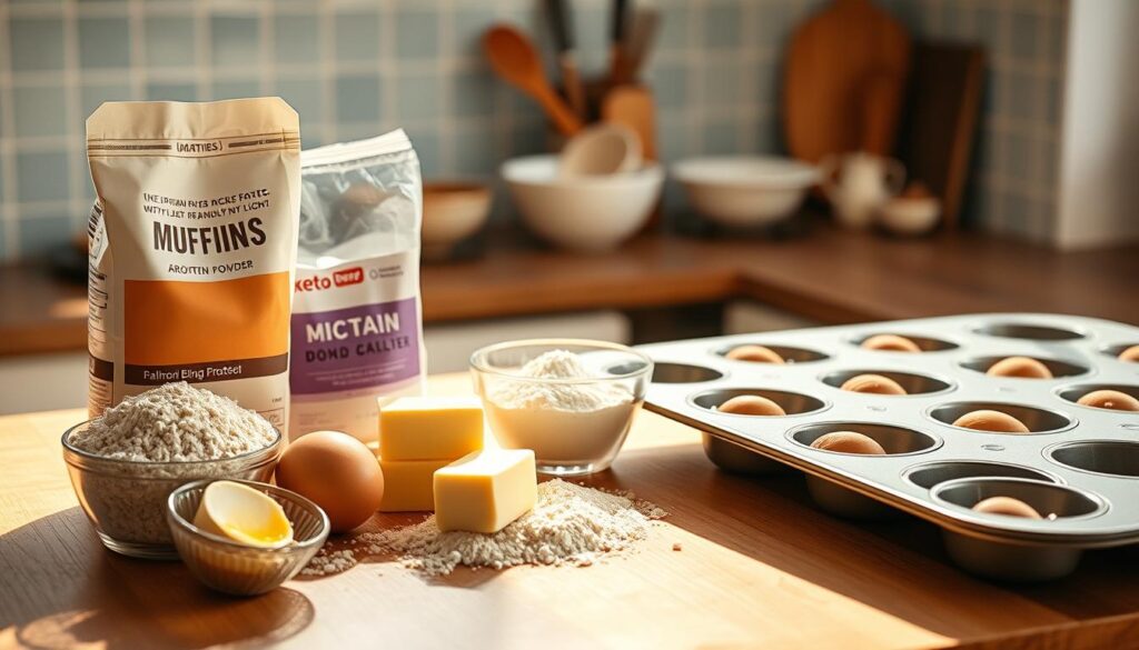 A step-by-step recipe for protein-packed, keto-friendly breakfast muffins with healthy fats. On a wooden countertop, a mix of ingredients - almond flour, eggs, butter, baking powder, and a touch of sweetener - is arranged neatly. Muffin tins are placed nearby, ready to be filled. Warm, natural lighting casts a soft glow, highlighting the texture of the ingredients. In the background, a few kitchen essentials - mixing bowls, utensils, and a clean, light blue tile backsplash - create a welcoming, minimalist atmosphere, perfect for a healthful baking session.
