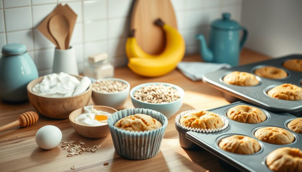 A step-by-step visual guide for baking protein-rich breakfast muffins, showcased in a cozy, minimalist kitchen setting. Soft natural lighting illuminates the ingredients laid out on a wooden countertop - fresh eggs, Greek yogurt, rolled oats, banana, and honey. The camera angle captures the process of mixing the batter, scooping it into a muffin tin, and the golden-brown muffins emerging from the oven. The overall atmosphere is warm and inviting, with light blue accents complementing the wooden textures, conveying a sense of simple, healthy indulgence.
