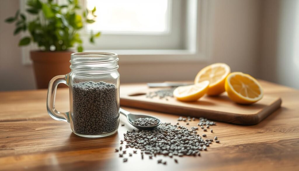 A still life arrangement of low carb chia seed ingredients on a wooden kitchen counter, with natural light streaming in through a window. In the foreground, a glass jar filled with whole chia seeds, surrounded by a small pile of shelled chia seeds and a spoon. In the middle ground, a cutting board with sliced lemon wedges and a sprinkle of chia seeds. In the background, a potted plant and a neutral-colored wall create a calming, minimalist ambiance. The lighting is soft and diffused, accentuating the natural textures and colors of the ingredients.