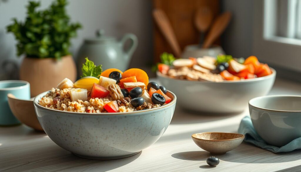 A still life arrangement of nutrient-dense breakfast bowls set in a cozy, minimal kitchen environment. The bowls feature a variety of whole grains, such as quinoa, brown rice, and steel-cut oats, topped with vibrant vegetables, lean proteins, and a drizzle of aromatic olive oil. Soft, natural lighting illuminates the scene, casting a warm glow on the wooden textures and light blue accents that complement the scene. The composition emphasizes the nourishing, satisfying nature of these make-ahead breakfast bowls.
