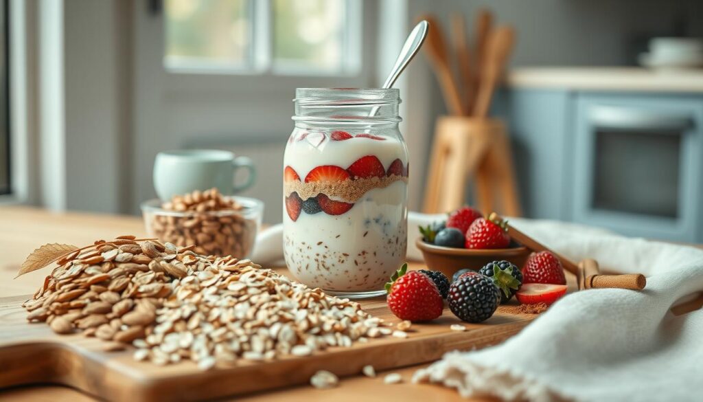 A still life arrangement of various dietary-friendly oatmeal ingredients set against a cozy, minimal kitchen backdrop with warm wooden textures and light blue accents. In the foreground, a variety of wholesome oats, sliced almonds, fresh berries, a drizzle of honey, and a sprinkle of cinnamon sit atop a wooden board. In the middle ground, a glass mason jar filled with overnight oats and yogurt takes center stage, complemented by a spoon and a clean, crisp white linen napkin. The background features a soft, diffused natural light filtering through a window, creating a serene and inviting atmosphere.