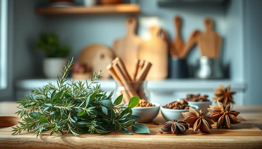 A still life arrangement showcasing an assortment of natural flavor enhancers in a cozy, minimalist kitchen setting. In the foreground, an array of fresh herbs – rosemary, thyme, and sage – are neatly arranged on a wooden cutting board. In the middle ground, a variety of spices, such as cinnamon sticks, whole cloves, and star anise, are displayed in small ceramic bowls. The background features a light blue-toned wall, complementing the warm wooden tones of the kitchen. Soft, directional lighting casts a subtle glow, highlighting the textures and colors of the natural ingredients. The overall mood is calming and inviting, reflecting the harmonious balance of flavors without relying on sugar.