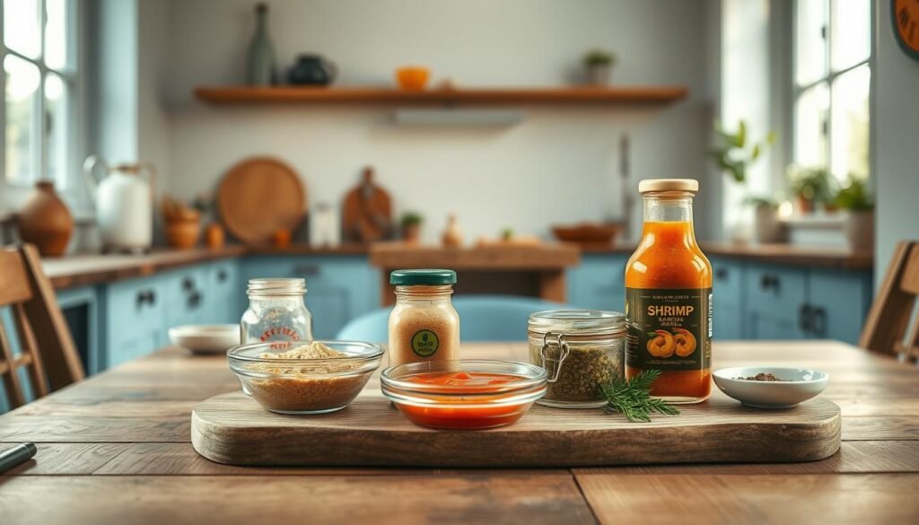 A still life arrangement showcasing an assortment of shrimp seasoning sauces on a wooden table in a cozy, minimalist kitchen. The sauces are presented in small glass jars and bowls, with natural light filtering in through large windows, creating a soft, even illumination. The background features light blue accents, adding a calming, inviting atmosphere. The focus is on the vibrant colors and textures of the sauces, each one a unique blend of spices, herbs, and aromatic ingredients.