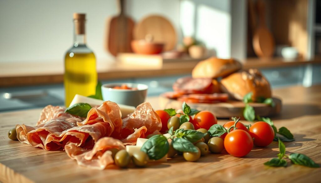A still life capturing the essential ingredients for an authentic Italian cold lunch, arranged on a wooden kitchen counter with light blue accents. Crisp prosciutto, curls of parmesan, small green olives, juicy tomatoes, fresh basil leaves, and crusty bread rolls sit neatly in the foreground, casting gentle shadows. In the middle ground, a glass jar of premium olive oil and a small board of sliced salami add depth and texture. The background fades into a softly lit, minimalist kitchen space, hinting at the sights and smells of an Italian culinary experience.