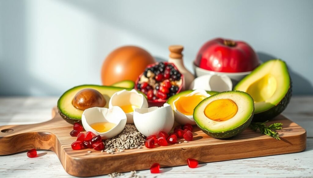 A still life composition showcasing a selection of fresh avocado slices, cracked eggs, and assorted superfood ingredients like chia seeds, goji berries, and pomegranate arils, arranged on a rustic wooden cutting board against a minimalist light blue wall. Soft, directional natural lighting illuminates the scene, highlighting the vibrant colors and textures of the healthy ingredients. The overall mood is serene and appetizing, inviting the viewer to appreciate the nutritional benefits of this superfood combination.