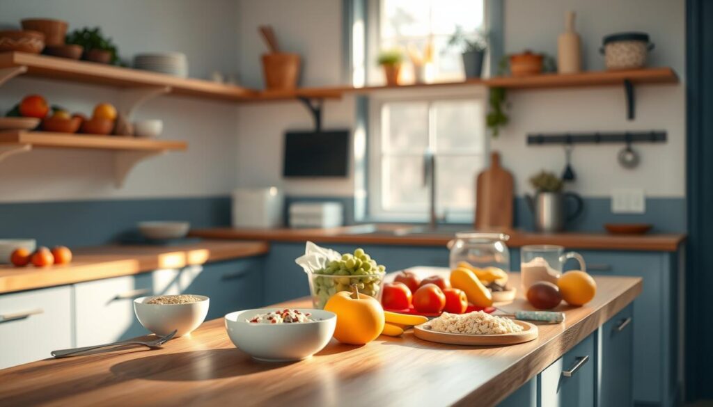 A streamlined breakfast routine with organized meal prep in a cozy, minimalist kitchen. Wooden countertops and shelves, accented by soft blue hues. Fresh fruits, whole grains, and healthy proteins neatly arranged on the countertop, ready to be transformed into a balanced morning meal. Warm, natural lighting filters through the windows, casting a serene glow over the space. A sense of efficiency and calm pervades the scene, highlighting the benefits of a well-designed breakfast routine. The image conveys the ease and simplicity of preparing nutritious meals quickly, saving time and reducing stress in the mornings.