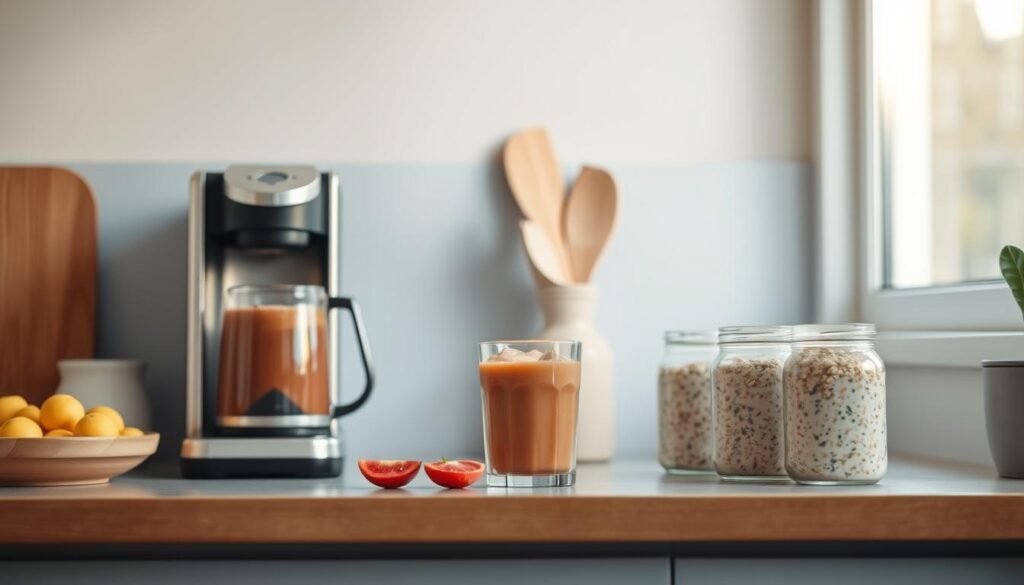 A streamlined kitchen counter in a cozy, minimalist environment, featuring a sleek coffee maker, a fresh smoothie with sliced fruit, and a neatly arranged selection of overnight oats in glass jars. Soft natural lighting filters in through a nearby window, casting a warm glow on the scene. The space is accented with light blue hues and natural wood textures, creating a calming and organized atmosphere to start the day. A sense of effortless efficiency and intentional simplicity pervades the scene, reflecting the 