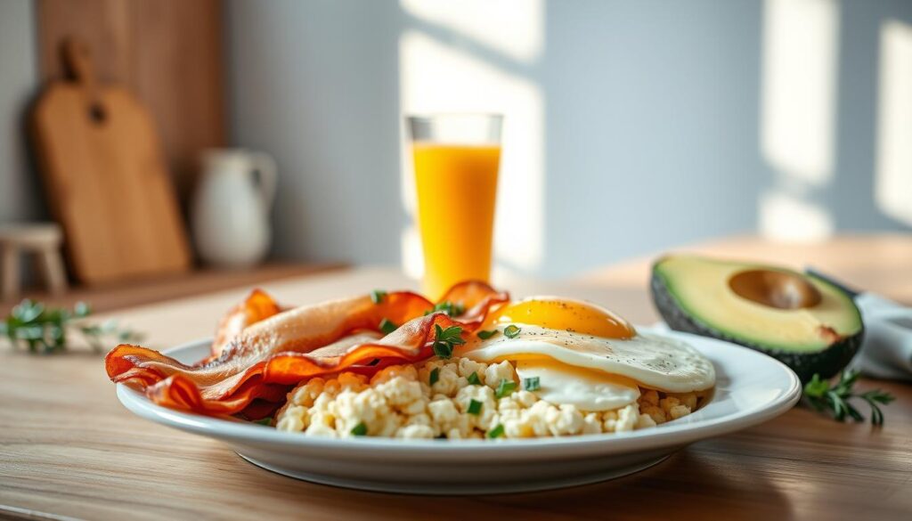 A stunning still life arrangement of a protein-packed breakfast in a cozy, minimal kitchen setting. In the foreground, a plate showcases a variety of nutritious ingredients: crisp bacon, fluffy scrambled eggs, avocado slices, and a sprinkling of chopped herbs. In the middle ground, a glass of freshly squeezed orange juice sits atop a wooden table, reflecting the warm, soft lighting from above. The background features clean, light blue-accented walls and natural wooden textures, creating a calming, inviting atmosphere. The overall composition exudes a sense of healthy, balanced nourishment, perfect for fueling the day ahead.