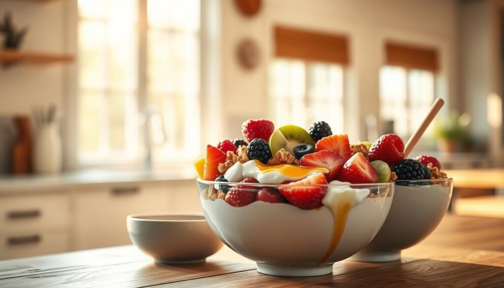 A stylish arrangement of gourmet breakfast bowls sits atop a wooden kitchen counter, bathed in warm, natural light filtering through large windows. Vibrant seasonal fruits, such as juicy berries and sliced kiwi, are nestled alongside creamy yogurt, crunchy granola, and drizzles of golden honey. The bowls feature a mix of textures and colors, creating a visually appealing and nourishing display. The overall atmosphere is one of calm, serene simplicity, inviting the viewer to indulge in a delightful and revitalizing morning meal.
