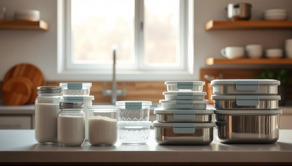 A stylish kitchen counter with various meal prep containers and storage solutions neatly arranged. Sleek glass jars, stackable plastic containers, and stainless steel lunchboxes in a soothing color palette of white, gray, and light blue. Soft, diffused lighting from a window casts a warm glow, highlighting the clean lines and minimalist design of the storage items. In the background, a wooden backsplash and shelves add natural texture, complementing the modern aesthetic. The overall scene conveys a sense of organization, efficiency, and a commitment to healthy, prepared meals.