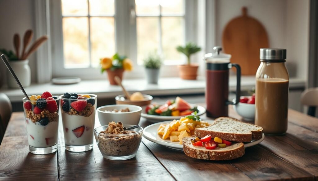 A stylish spread of vegan breakfast options on a rustic wooden table in a cozy, minimal kitchen. The foreground features a selection of grab-and-go items, including a parfait layered with creamy cashew yogurt, vibrant berries, and crunchy granola, a chia pudding cup topped with fresh fruit, and a nutrient-dense power smoothie in a reusable glass bottle. The middle ground showcases a plate of fluffy tofu scramble, roasted vegetables, and whole grain toast. The background features a sleek French press, a bowl of fresh-cut fruit, and a potted plant, all bathed in warm, natural lighting from a large window. The overall atmosphere is one of simplicity, nutrition, and convenience.