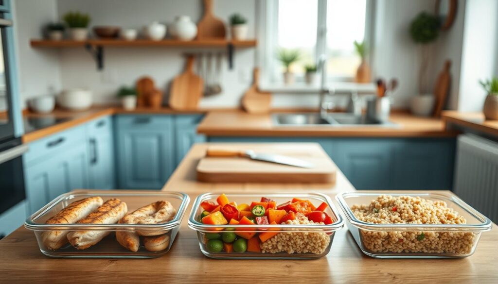 A stylish, well-lit kitchen with wooden countertops and light blue accents showcases a series of neatly arranged meal prep containers. The foreground displays perfectly portioned servings of grilled chicken, roasted vegetables, and quinoa, demonstrating the benefits of portion control and meal preparation. In the middle ground, a cutting board and various cooking utensils hint at the preparation process, while the background features minimalist shelving and a window, creating a calming, organized atmosphere conducive to healthy eating habits.