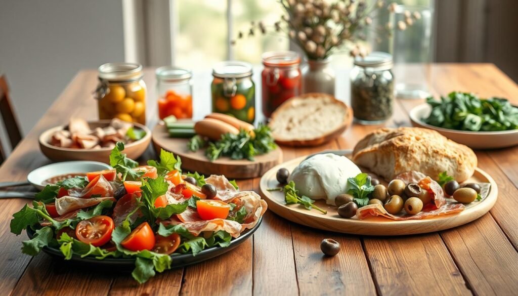 A sumptuous spread of seasonal delights graces a wooden table, bathed in soft, natural light. In the foreground, a vibrant salad with fresh greens, juicy tomatoes, and crunchy cucumbers. Beside it, a platter of crisp prosciutto, creamy burrata, and artisanal olives. In the middle, a rustic bread board showcases slices of crusty ciabatta and flavorful focaccia. In the background, jars of pickled vegetables and fresh herbs add pops of color, while a minimalist vase of wildflowers lends a touch of elegance. The overall scene exudes a sense of seasonal abundance and Mediterranean flair.