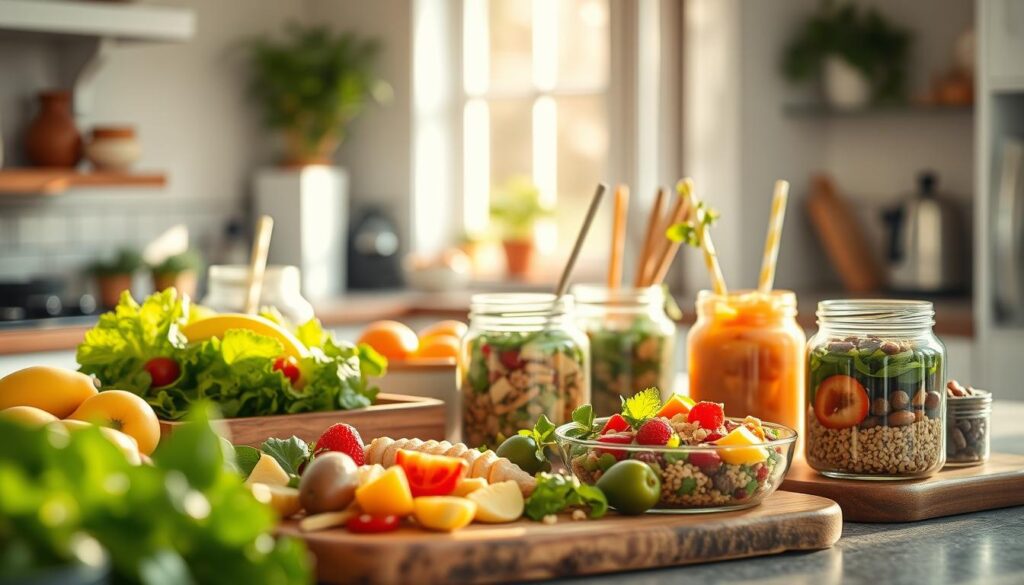 A sun-dappled kitchen brimming with wholesome, diet-friendly recipes. Crisp vegetables, fresh fruits, and lean proteins arranged artfully on rustic wooden trays. Minimalist glass jars filled with vibrant salads, hearty grain bowls, and refreshing smoothies. Soft pastel hues and clean lines create a calming, inviting atmosphere. Diffused natural light casts a warm glow, highlighting the nutritious, visually appealing dishes. A sense of balance and simplicity pervades the scene, inspiring healthy, satisfying lunchbox meals.