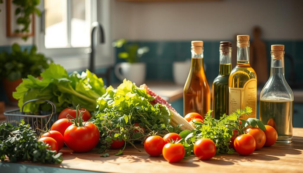 A sun-dappled kitchen counter, adorned with an array of fresh produce - ripe tomatoes, crisp lettuce, vibrant herbs, and a selection of oils and vinegars. Against a backdrop of warm wood tones and muted blue accents, the ingredients await their transformation into homemade dressings, brimming with flavor and nourishment. The scene is bathed in soft, natural light, casting gentle shadows and highlighting the tantalizing textures of the whole, unprocessed foods. This peaceful tableau invites the viewer to imagine the delicious, satisfying meals that can be created with these simple, wholesome elements.