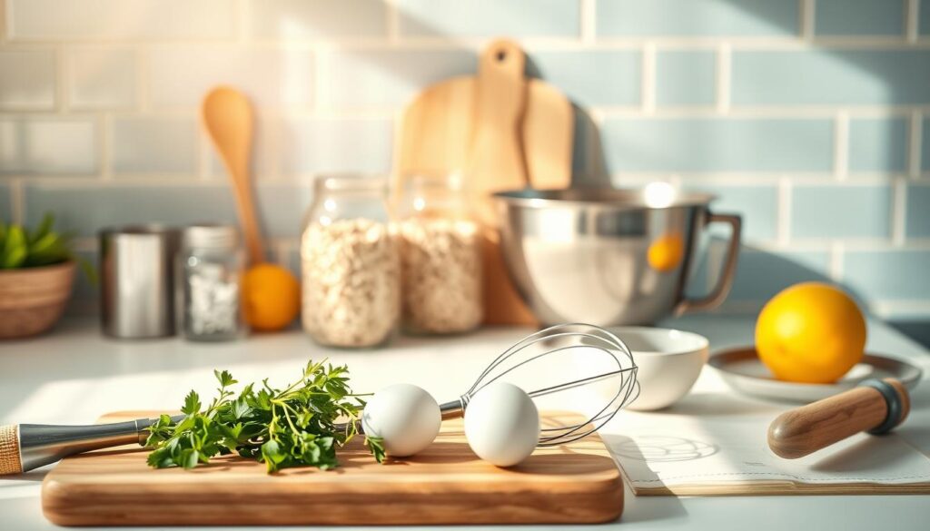 A sun-dappled kitchen counter displaying an array of essential breakfast prep tools and ingredients. In the foreground, a wooden cutting board with fresh herbs, eggs, and a whisk. In the middle ground, a glass jar filled with oats, a steel mixing bowl, and a citrus juicer. The background features a minimalist tile backsplash in light blue hues, complemented by natural wood accents. The lighting is soft and diffused, casting a warm, inviting glow over the scene. The overall mood is one of simplicity, organization, and the pleasure of preparing a nourishing morning meal.