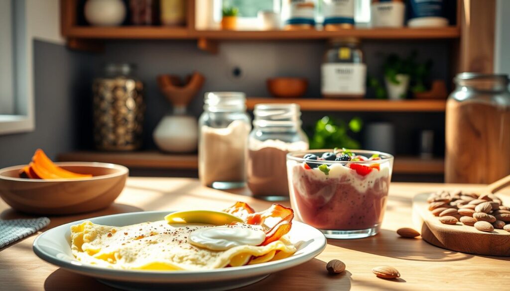 A sun-dappled kitchen filled with an array of high-protein breakfast options. In the foreground, a plate showcases a fluffy egg white omelet, crisp turkey bacon, and a side of avocado slices. Beside it, a smoothie bowl brimming with Greek yogurt, berries, and a sprinkle of chia seeds. In the middle ground, a cutting board displays roasted sweet potato cubes and a handful of raw almonds. The background features wooden shelves stocked with jars of overnight oats, protein powder, and fresh herbs. Soft, natural lighting illuminates the scene, creating a warm and inviting atmosphere.