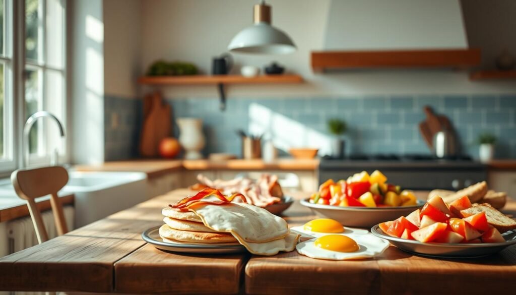 A sun-dappled kitchen filled with the aroma of freshly brewed coffee and the sizzle of expertly prepared breakfast items. On a rustic wooden table, a spread of artfully arranged breakfast delights - fluffy pancakes, crisp bacon, golden-yolked eggs, and a vibrant fruit salad. The lighting is soft and warm, creating a cozy, inviting atmosphere. In the background, a minimalist backsplash with light blue accents complements the natural wood tones, while a simple pendant light casts a gentle glow over the scene. This image captures the essence of a time-saving, make-ahead breakfast brunch, ready to be savored without the morning rush.