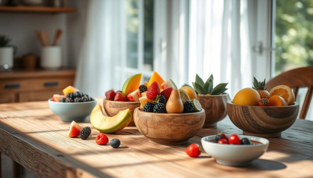 A sun-dappled kitchen table, adorned with seasonal fruit breakfast bowls. Ripe berries, juicy melon slices, and vibrant citrus nestled in rustic wooden vessels, arranged with a touch of effortless elegance. Soft natural light filters through sheer curtains, casting a warm glow on the scene. The textured wooden surface and accents of light blue provide a minimalist, inviting backdrop, highlighting the vibrant colors and shapes of the fresh, nourishing fare. An idyllic, appetizing tableau that captures the essence of a summer morning's repast.