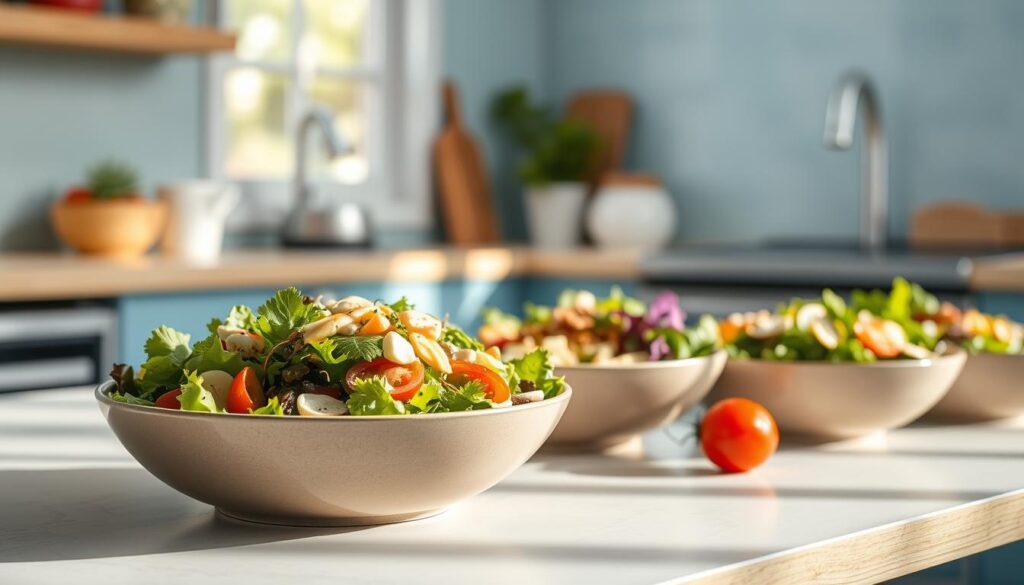 A sun-dappled kitchen with light blue accents and warm wooden textures sets the stage for a mouthwatering display of nutritious lunch bowls and vibrant salads. In the foreground, a variety of leafy greens, colorful vegetables, and protein-rich ingredients are artfully arranged in sleek ceramic bowls, inviting the viewer to indulge in a delicious and balanced midday meal. The middle ground showcases drizzles of flavorful dressings, sprinkles of fragrant herbs, and the occasional pop of a juicy cherry tomato. Soft shadows and gentle highlights create a sense of depth, while the overall composition exudes a serene, inviting atmosphere perfect for fueling the workweek ahead.