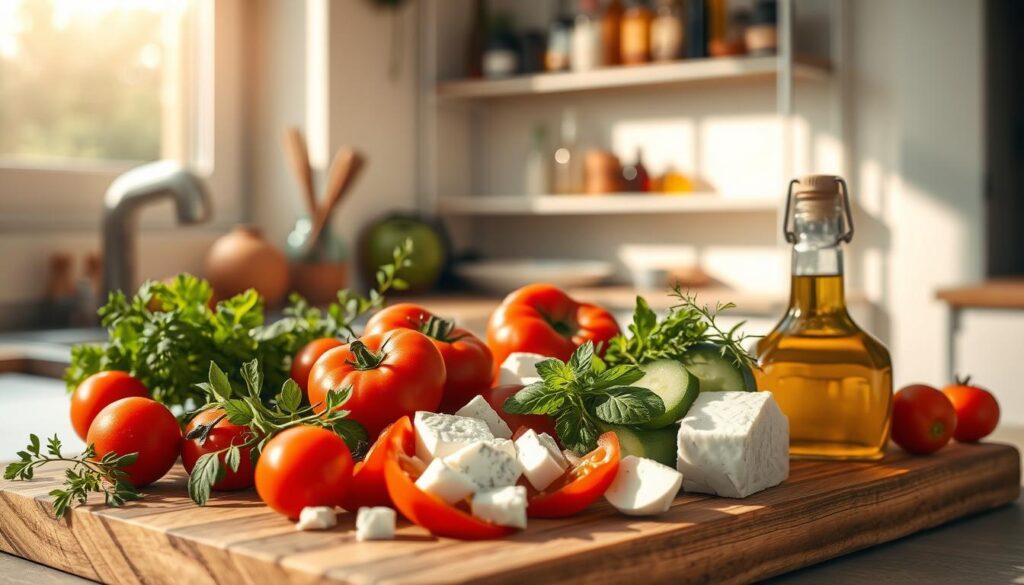 A sun-drenched Mediterranean kitchen, filled with the aroma of fresh herbs and the vibrant colors of ripe vegetables. On a wooden cutting board, a bountiful array of ingredients: juicy tomatoes, crisp cucumbers, creamy feta, fragrant oregano, and golden olive oil. Sunlight filters through a nearby window, casting a warm glow on the scene. In the background, a minimalist shelving unit displays an array of spices and bottles, hinting at the flavorful dishes to come. The overall atmosphere is one of simplicity, wellness, and the joy of preparing a nourishing, Mediterranean-inspired meal.