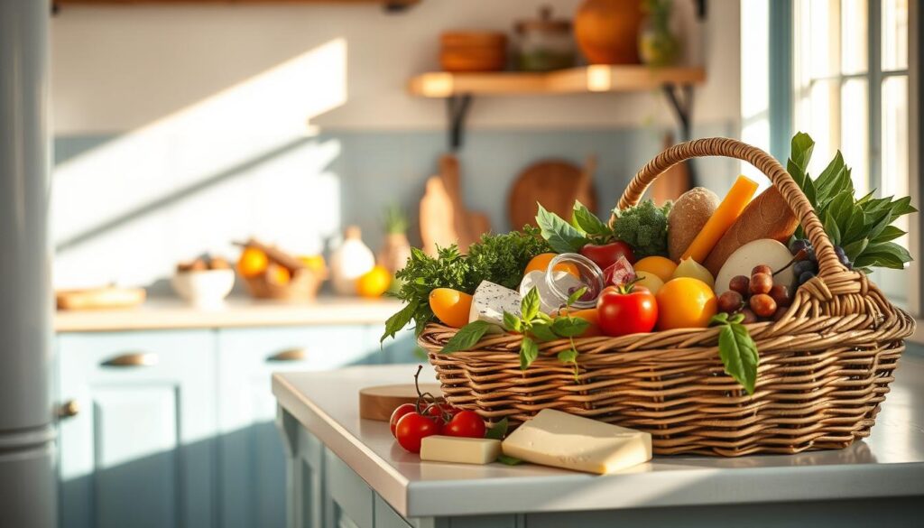 A sun-drenched Mediterranean kitchen with light blue accents and warm wooden textures. On the counter, a vibrant spread of fresh produce, olives, and artisanal breads. In the foreground, a rustic wicker basket overflows with seasonal fruits, crisp vegetables, and a selection of creamy cheeses and cured meats. Warm natural lighting casts gentle shadows, creating a cozy, inviting atmosphere. The scene evokes the simple, healthful pleasures of a no-heat Mediterranean lunch, ready to be savored at leisure.