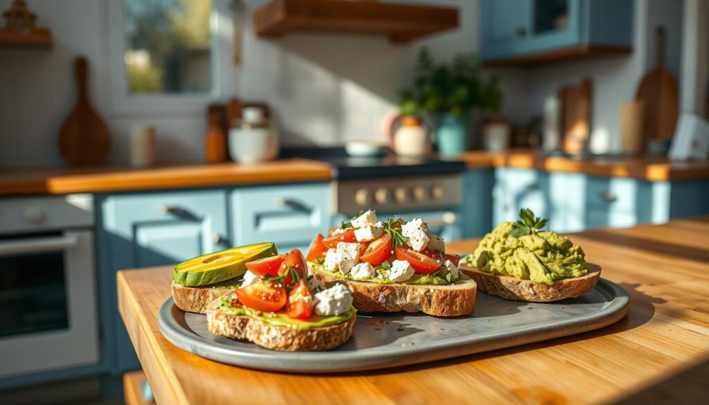 A sun-drenched Mediterranean kitchen with warm wooden countertops and light blue accents. On the counter, a platter showcases three artfully arranged variations of avocado toast. The first slice features sliced avocado drizzled with olive oil and sprinkled with za'atar seasoning. The second slice is topped with crumbled feta, sliced tomatoes, and a scattering of fresh oregano leaves. The third slice boasts mashed avocado mixed with lemon zest and fresh parsley. A light, airy atmosphere with soft, natural lighting accentuates the vibrant colors and textures of these zesty, Mediterranean-inspired avocado toasts.