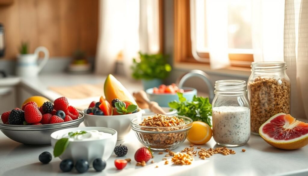 A sun-drenched kitchen counter showcases a bountiful array of summer meal prep ingredients. Plump berries, vibrant citrus, crunchy granola, and creamy yogurt await assembly. Sliced melons, fresh herbs, and a glass jar of overnight oats add pops of color and texture. Soft natural light filters through sheer curtains, casting a warm glow over the scene. The minimal, wooden surroundings and light blue accents create a calming, inviting atmosphere, perfect for planning delicious, nourishing summer breakfasts.