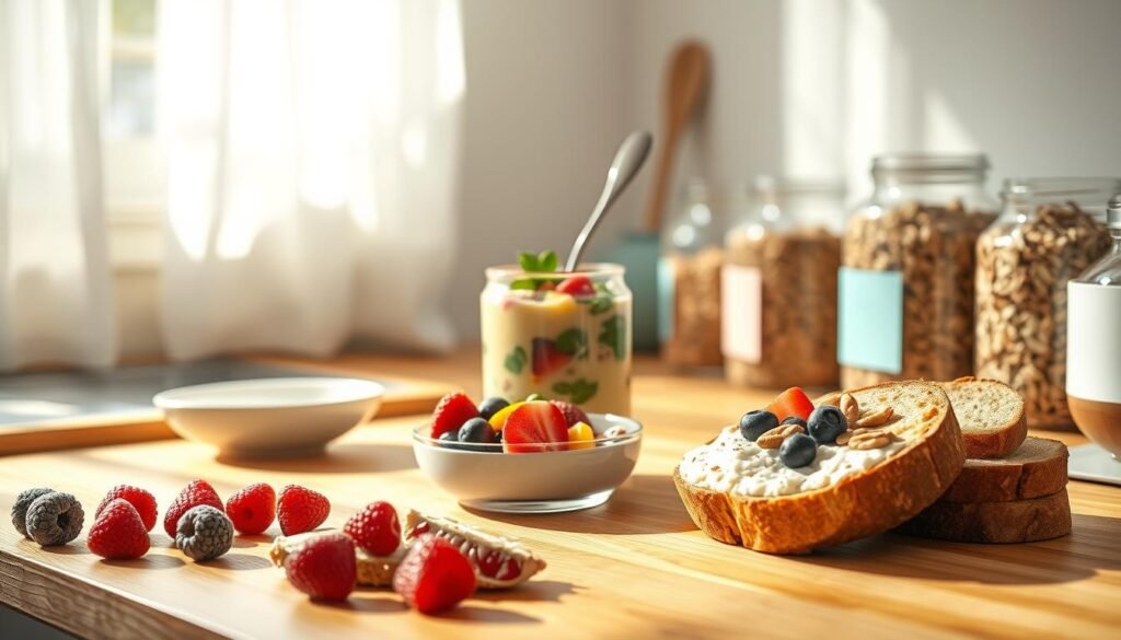 A sun-drenched kitchen counter showcases an array of nutritious, egg-free breakfast options. In the foreground, juicy berries, creamy oat porridge, and crisp whole-grain toast with nut butter are arranged with care. In the middle ground, a cheerful smoothie bowl overflows with vibrant fruits and leafy greens. Along the back wall, glass jars filled with rolled oats, nuts, and dried fruits create a rustic, healthy vibe. Soft natural lighting filters through sheer curtains, casting a warm glow on the wooden surfaces and light blue accents. This serene, minimal scene invites the viewer to savor a nourishing start to the day.
