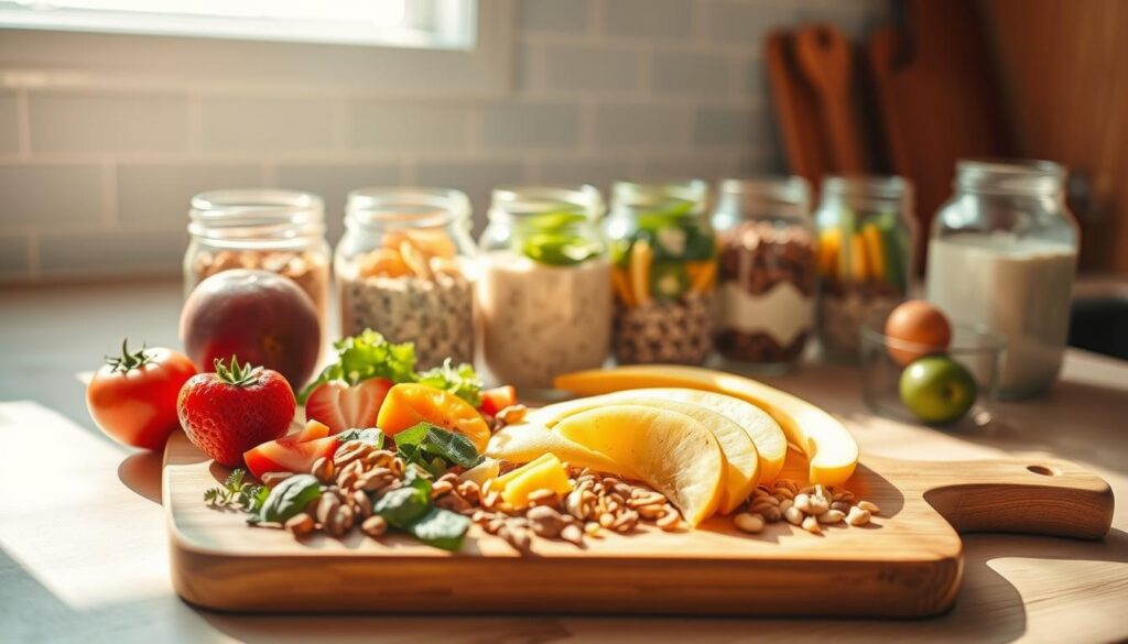 A sun-drenched kitchen counter with a variety of breakfast meal prep items artfully arranged. In the foreground, a wooden cutting board holds freshly sliced fruits, crisp vegetables, and a selection of nuts and seeds. Behind, glass jars filled with overnight oats, chia pudding, and yogurt parfait line up neatly. Warm lighting casts a soft glow, casting shadows that create depth and texture. The background features a minimalist tiled backsplash in light blue, complementing the natural wood tones. The overall scene evokes a sense of organization, healthy living, and a mindful approach to breakfast preparation.