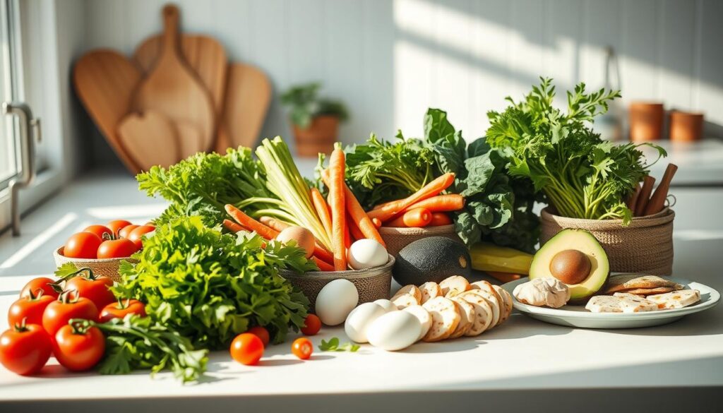 A sun-drenched kitchen countertop showcases a vibrant array of fresh produce - crisp leafy greens, juicy tomatoes, crunchy carrots, and ripe avocados. Alongside them, high-protein ingredients like free-range eggs, lean chicken breasts, and marinated tofu are elegantly arranged, highlighting their complementary flavors and textures. The minimal decor, with light blue accents and warm wooden tones, creates a serene, uncluttered atmosphere, inviting the viewer to imagine the delicious, nourishing meals that can be crafted from these wholesome ingredients.