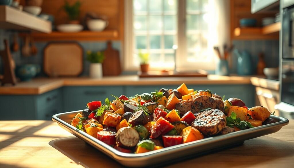 A sun-drenched kitchen with a sleek sheet pan at the center, brimming with an array of colorful roasted vegetables, succulent meats, and aromatic herbs. Warm wooden tones and soft blue accents create a cozy, welcoming ambiance. The scene invites the viewer to imagine the mouthwatering flavors and nourishing textures of these creative recipe ideas, perfect for efficient and delicious meal prep. The sheet pan is captured at a slightly elevated angle, allowing for a clear view of the culinary masterpieces within, all bathed in gentle, natural lighting.