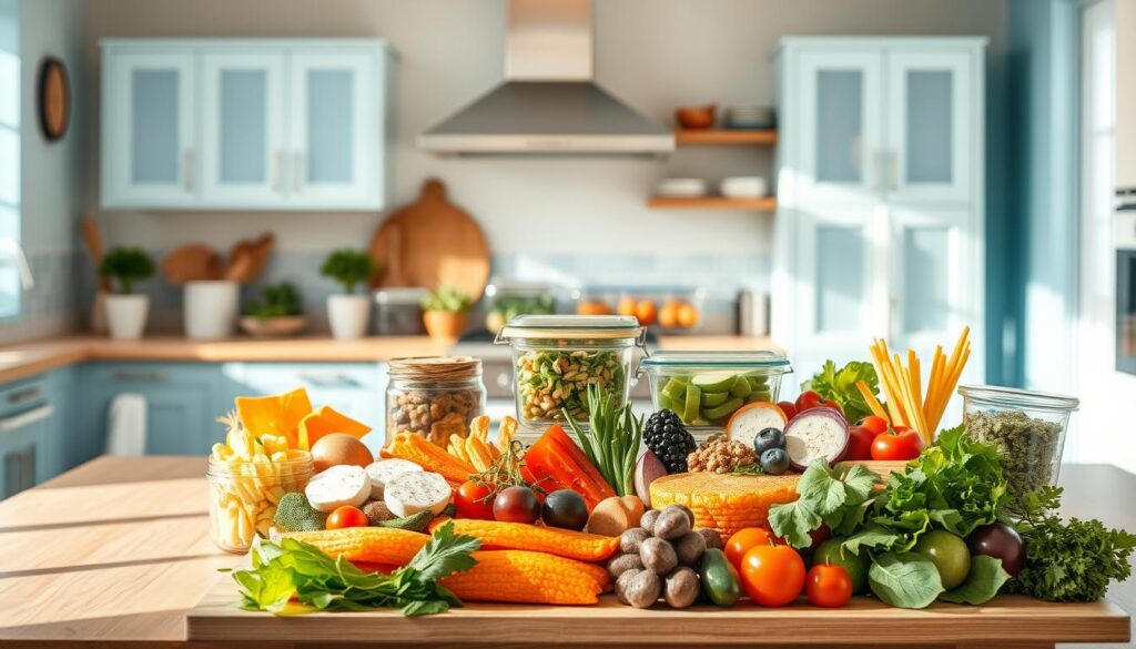 A sun-drenched kitchen with light blue accents and warm wooden textures sets the stage for a vibrant assortment of dietary-friendly lunch ideas. In the foreground, an array of colorful vegetables, lean proteins, and low-carb snacks are artfully arranged, showcasing the diversity of nutritious options. In the middle ground, a variety of glass containers and reusable lunchboxes hint at the portability and convenience of these meals. The background features a minimal, uncluttered aesthetic, allowing the focus to remain on the carefully curated selection of healthful, tailored lunches - perfect for the low-carb, gluten-free, and keto-friendly lifestyle.