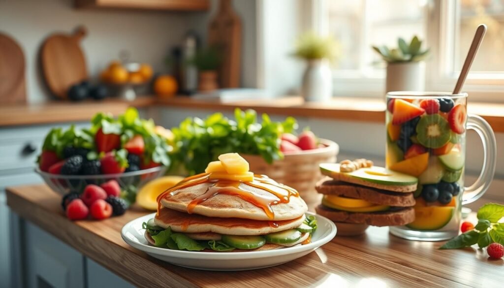 A sun-drenched kitchen with wooden countertops and pale blue accents. On the counter, an array of fresh produce - vibrant berries, crisp greens, and golden slices of mango. Beside them, a plate showcases a vegan breakfast feast: fluffy pancakes drizzled with maple syrup, a stack of avocado toast, and a smoothie bowl brimming with colorful fruits and nuts. The scene exudes a sense of nourishment and simplicity, inviting the viewer to savor a healthful, plant-based morning meal.