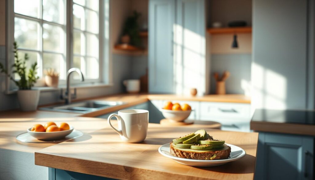 A sun-drenched, minimal kitchen with wooden countertops and light blue accents. A simple breakfast spread unfolds on the counter - fresh fruit, a mug of steaming coffee, and a plate of artfully arranged avocado toast. Natural light filters in through large windows, casting a warm glow over the relaxed scene. A sense of calm and unhurried ease permeates the atmosphere, inviting you to slow down and savor the moment. The kitchen is uncluttered, with only the essential tools and ingredients visible, reflecting a streamlined, stress-free morning routine.