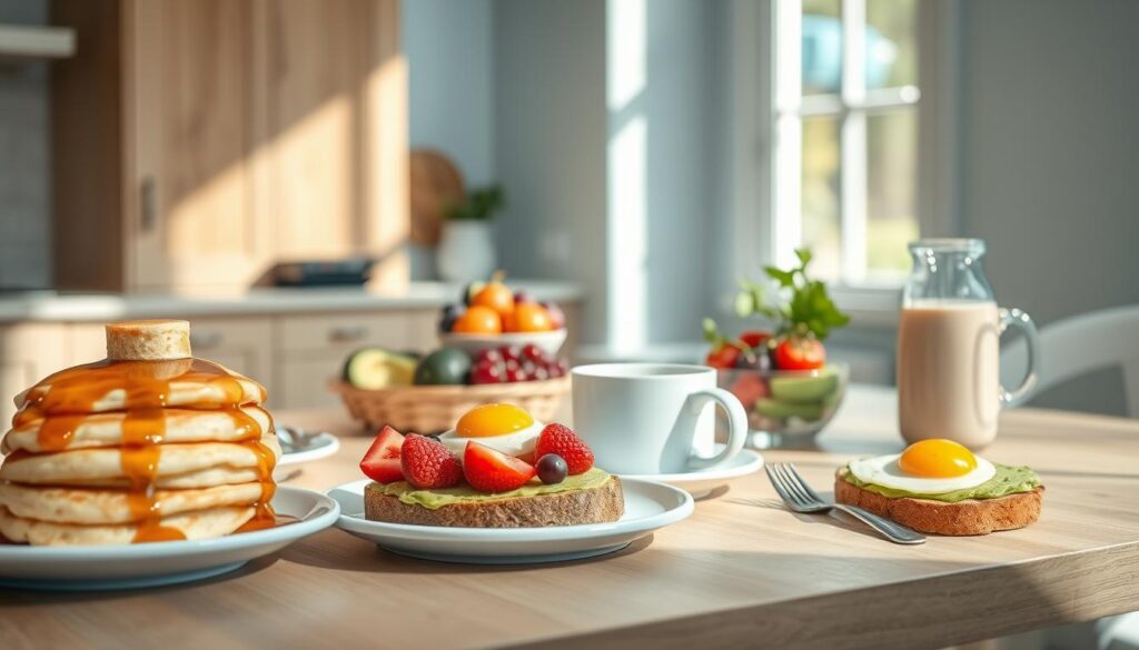A sun-drenched, minimal kitchen with wooden textures and light blue accents. In the foreground, an array of mouth-watering brunch dishes - fluffy pancakes drizzled with maple syrup, crisp avocado toast with a perfectly poached egg, a vibrant smoothie bowl topped with fresh berries, and a steaming mug of dairy-free coffee. The mid-ground showcases a neatly arranged selection of breakfast ingredients - ripe avocados, juicy tomatoes, fragrant herbs, and a glass pitcher of almond milk. In the background, a simple, elegant table setting with clean lines and a touch of rustic charm. The overall scene exudes a sense of warmth, simplicity and culinary innovation, perfectly capturing the essence of a dairy-free, low-sugar brunch for busy mornings.