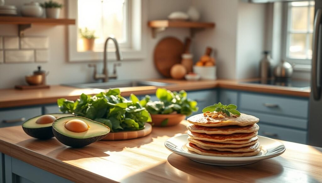 A sun-drenched, minimalist kitchen with wooden countertops and light blue accents. On the counter, an array of low-carb breakfast ingredients: avocado, eggs, spinach, and a stack of almond flour pancakes, all arranged in a visually appealing manner. The scene exudes a sense of simplicity, health, and a 