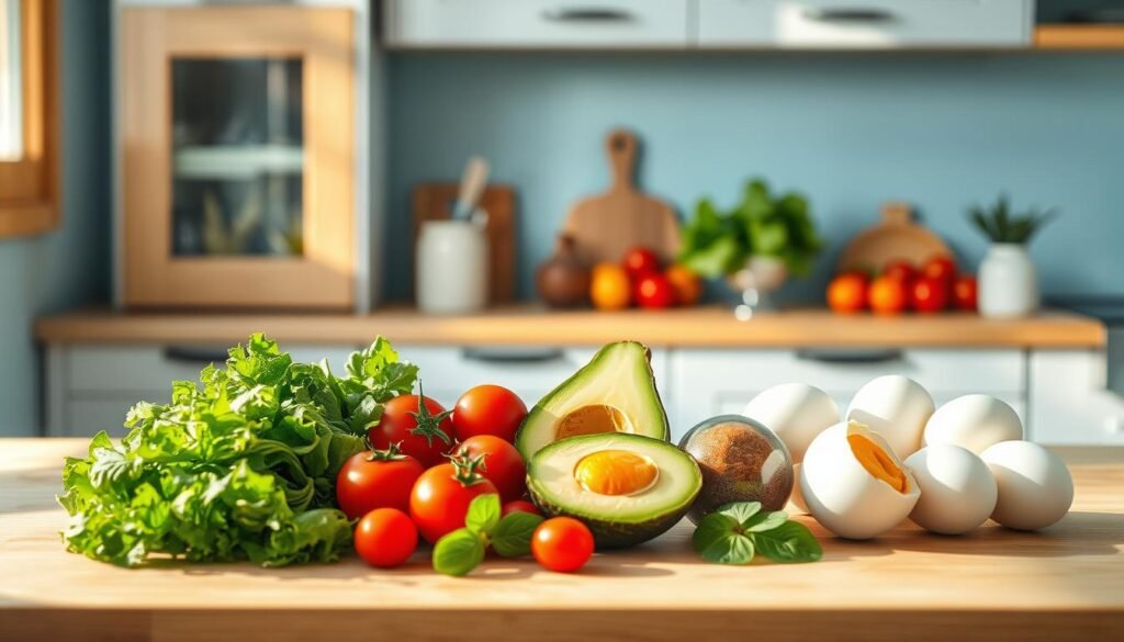 A sun-drenched, modern kitchen with light blue walls and natural wood accents. On the countertop, an assortment of fresh, vibrant ingredients arranged neatly - crisp greens, juicy tomatoes, creamy avocado, and protein-rich eggs. The scene exudes a sense of simplicity and healthfulness, inviting the viewer to imagine quick, satisfying no-heat lunch options. The lighting is soft and diffused, casting a warm glow over the scene. The camera angle is slightly elevated, showcasing the carefully curated selection of nourishing foods in an organized, appetizing manner.