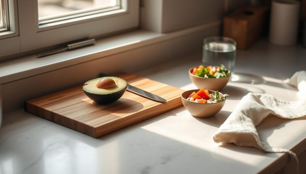 A sunlit kitchen counter holds a wooden cutting board, a half-sliced avocado, a knife, and small bowls of toppings like crumbled feta, diced tomatoes, and fresh herbs. Nearby, a glass of water and a simple linen napkin complete the minimalist, prep-ahead scene. Warm lighting from a window accentuates the earthy tones and natural textures, inviting the viewer to imagine assembling a nourishing avocado toast lunch.