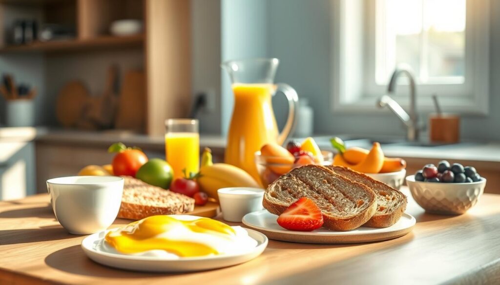 A sunlit kitchen filled with a bountiful spread of healthy breakfast foods. In the foreground, a wooden table displays a visually appealing array of fresh fruits, crisp whole-grain toast, creamy yogurt, and a platter of scrambled eggs. The middle ground features a modern glass carafe of freshly squeezed orange juice and a bowl of mixed berries. In the background, a light blue-painted wall adds a calming, minimalist touch, complemented by natural wooden textures. The overall atmosphere conveys the nourishing benefits of a well-balanced, wholesome breakfast, captured with a soft, warm lighting and a serene, inviting mood.
