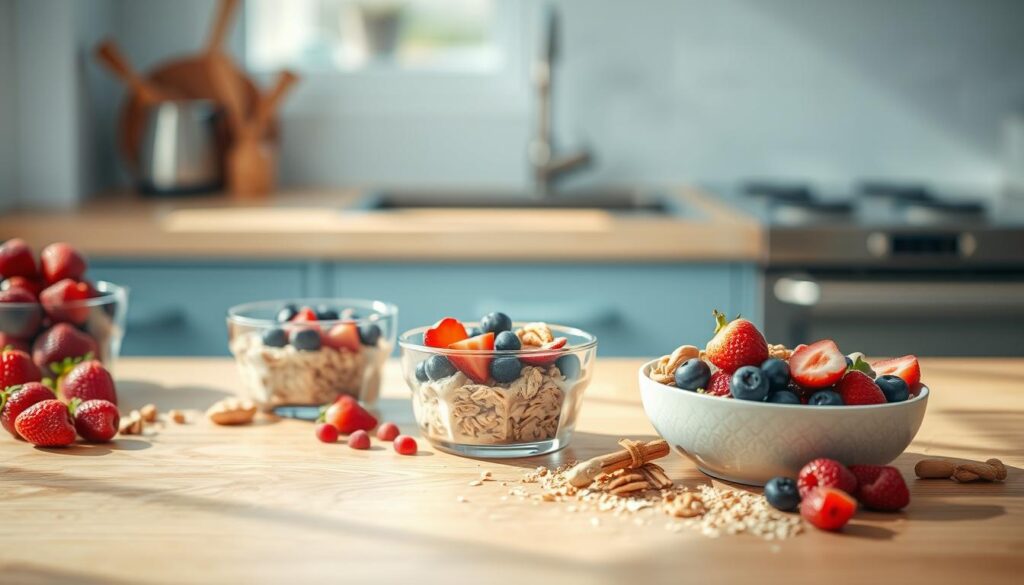 A sunlit, minimalist kitchen counter with a wooden surface and light blue accents. An assortment of oatmeal-based breakfast combinations sit neatly arranged, showcasing vibrant colors and textures. Alongside the oatmeal, an array of fresh berries, sliced nuts, a drizzle of honey, and a sprinkle of cinnamon create a visually appealing and appetizing display. The scene is captured with a warm, natural lighting, highlighting the nuanced flavors and nutritious ingredients. The overall atmosphere conveys a sense of wholesome, homemade goodness, inviting the viewer to explore the delicious possibilities of preparing oatmeal in five delightful ways.
