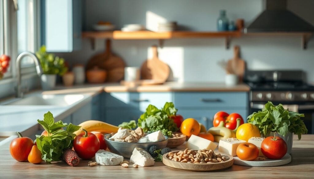 A sunny, minimalist kitchen with soft blue accents and natural wooden textures. On the counter, an assortment of fresh, vibrant ingredients for no-cook summer meals - crisp veggies, juicy fruits, creamy cheeses, and crunchy nuts. The lighting is soft and diffused, casting a warm glow across the scene. The focus is on the simple, nourishing ingredients, showcasing how easy and delicious no-cook meal prep can be in the heat of summer.