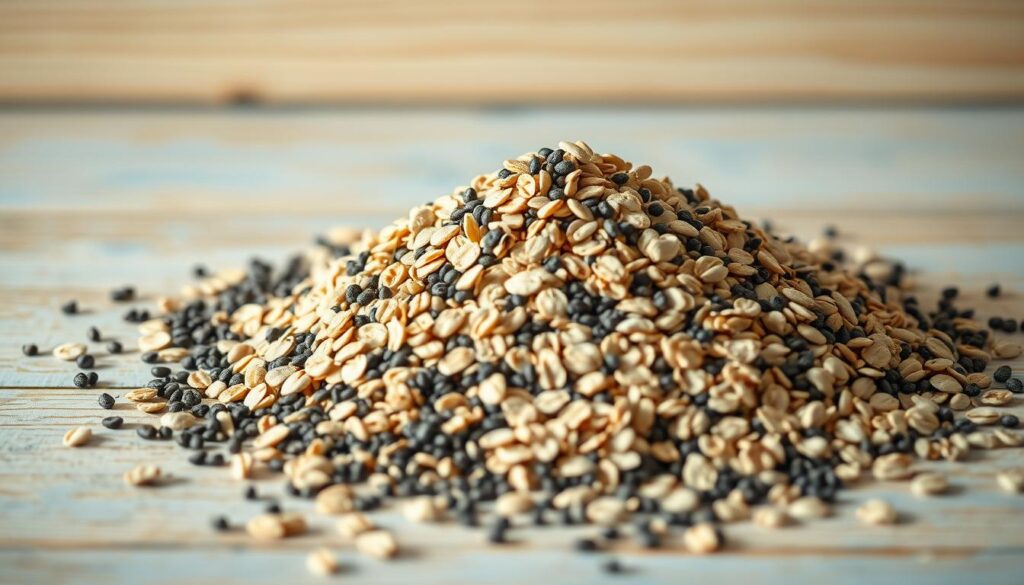 A table-top arrangement showcasing a mixture of chia seeds and rolled oats in an artful, yet natural display. The chia seeds, with their tiny black specks, are scattered around the rolled oats, which are piled in an organic, asymmetrical mound. The lighting is soft and diffused, creating a warm, inviting atmosphere that accentuates the earthy tones and natural textures of the ingredients. The background features a minimal, wooden surface with light blue accents, creating a cozy, rustic ambiance that complements the simple, unadorned focus on the main components.