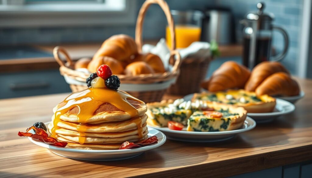 A tantalizing array of sweet and savory breakfast offerings arranged on a wooden kitchen counter. In the foreground, a stack of fluffy pancakes drizzled with golden honey, accompanied by crisp bacon and a dollop of fresh berries. Beside it, a plate of savory quiche with a buttery crust, garnished with wilted spinach and crumbled feta. In the middle ground, a basket of freshly baked croissants, their golden-brown exteriors contrasting with the soft, flaky interiors. In the background, a glass carafe of orange juice and a cafetière stand ready to complete the perfect morning meal. The scene is illuminated by soft, natural light filtering through a window, casting a warm, inviting glow over the kitchen's light blue accents and wooden textures.