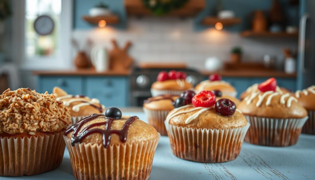 A tempting array of muffins in a cozy kitchen setting, with delicate textures and vibrant colors. In the foreground, an assortment of freshly baked muffins, their tops adorned with tempting toppings like crunchy streusel, juicy berries, and glistening drizzles. In the middle ground, a wooden table with a light blue tablecloth, providing a rustic yet elegant backdrop. Behind, the kitchen walls are painted a soft, calming blue, complemented by warm lighting that casts a gentle glow over the scene. The overall atmosphere evokes a sense of warmth, comfort, and culinary inspiration, perfectly suited for a delicious breakfast or holiday celebration.